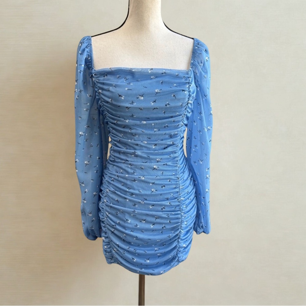 Ditsy Floral Blue Ruched Long Sleeve Mini Dress